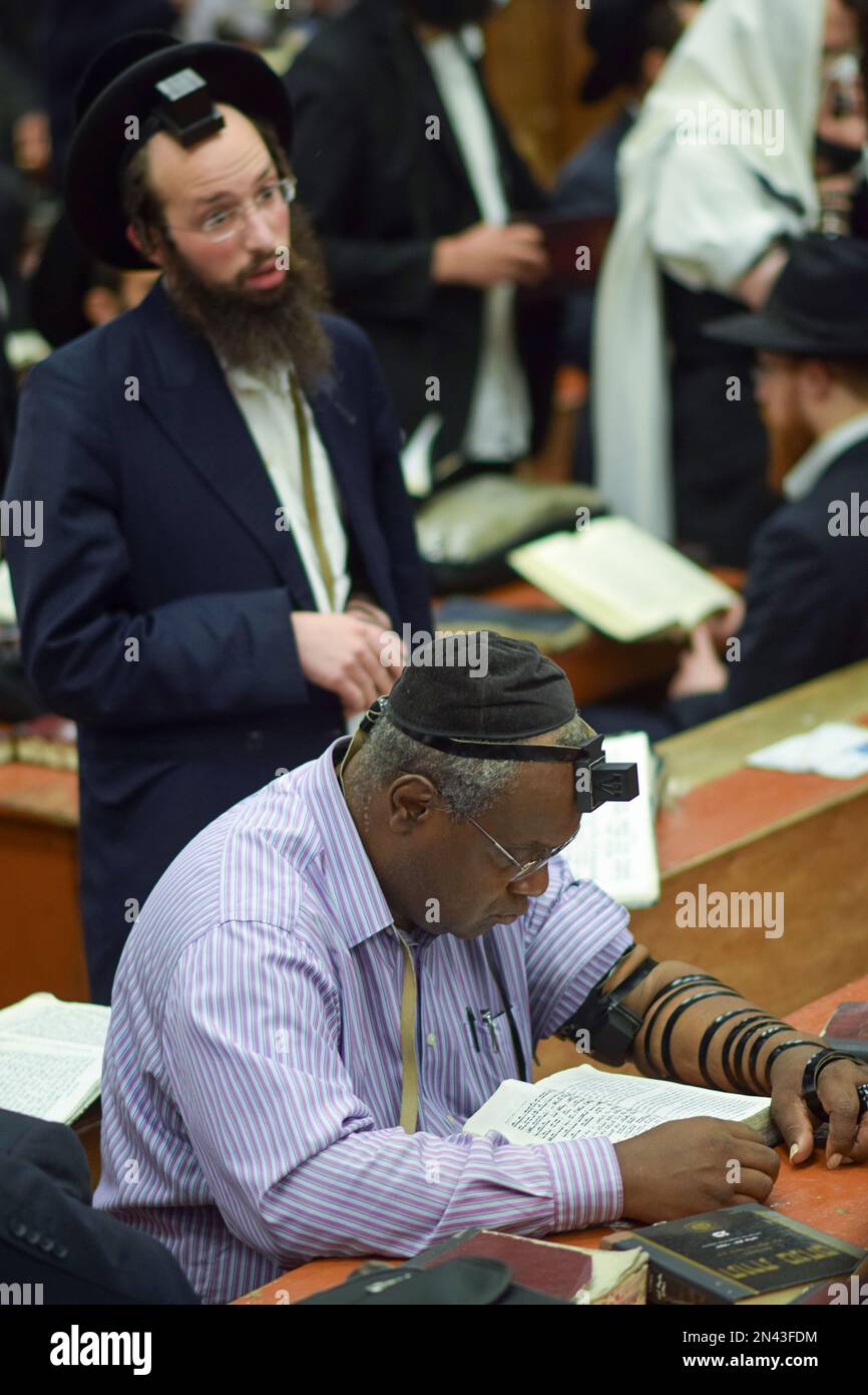 Un gruppo variegato di adoratori ebrei assistono ai servizi mattutini presso la sinagoga principale di Chabad a Crown Heights, Brooklyn, New York. Foto Stock