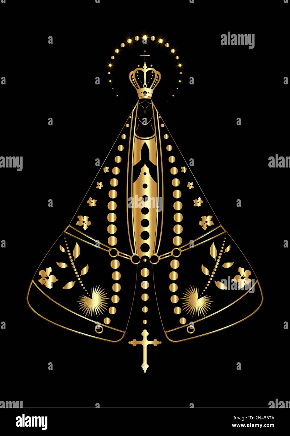 La nostra signora apparve in colore nero e oro, Virgin Mary Immacolata illustrazione vettoriale isolato su sfondo nero di lusso Illustrazione Vettoriale