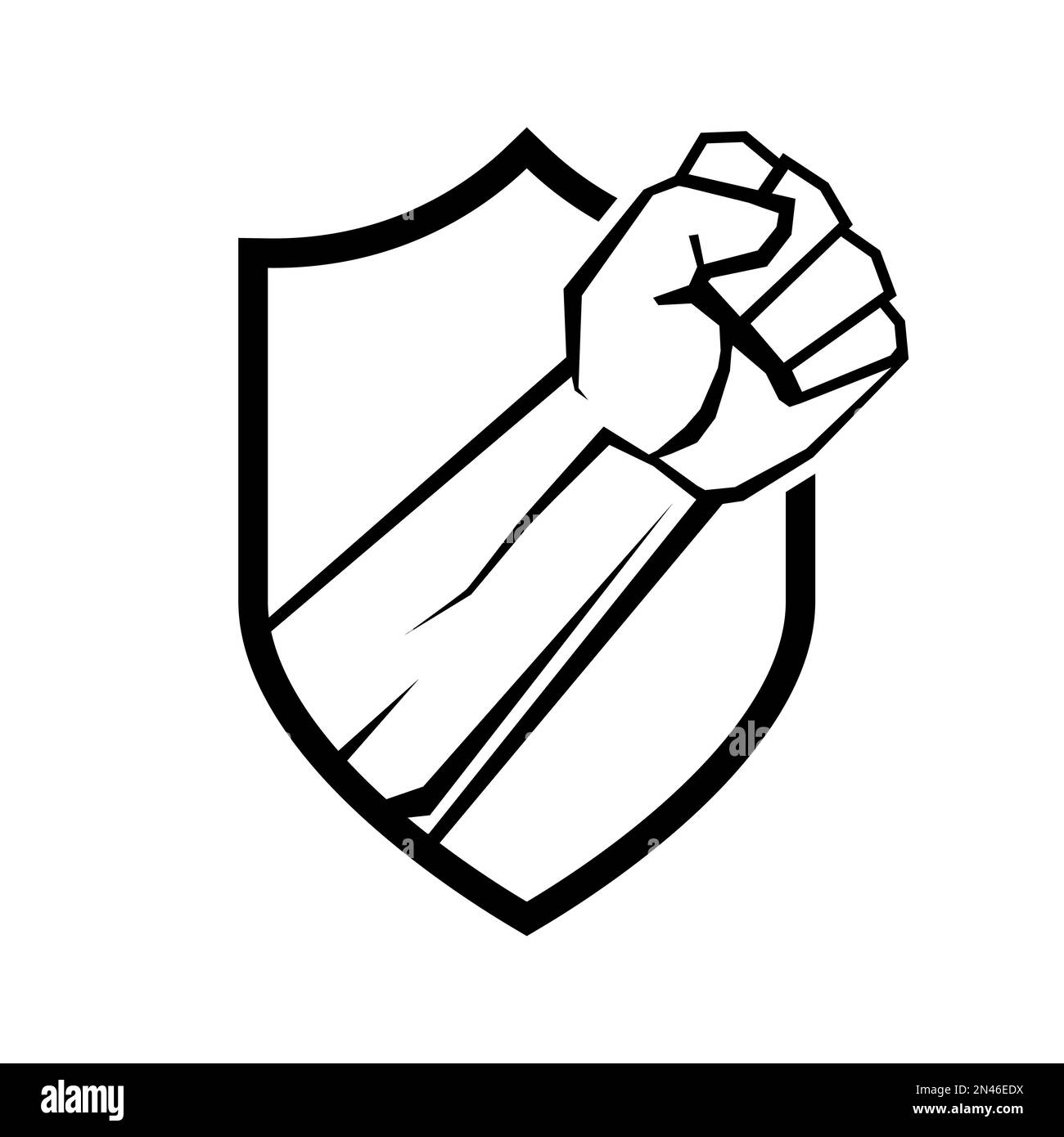 Simbolo di pugno sollevato. Simbolo di pugno appicciato su uno scudo. Logo di sicurezza o protezione. Illustrazione vettoriale. Illustrazione Vettoriale