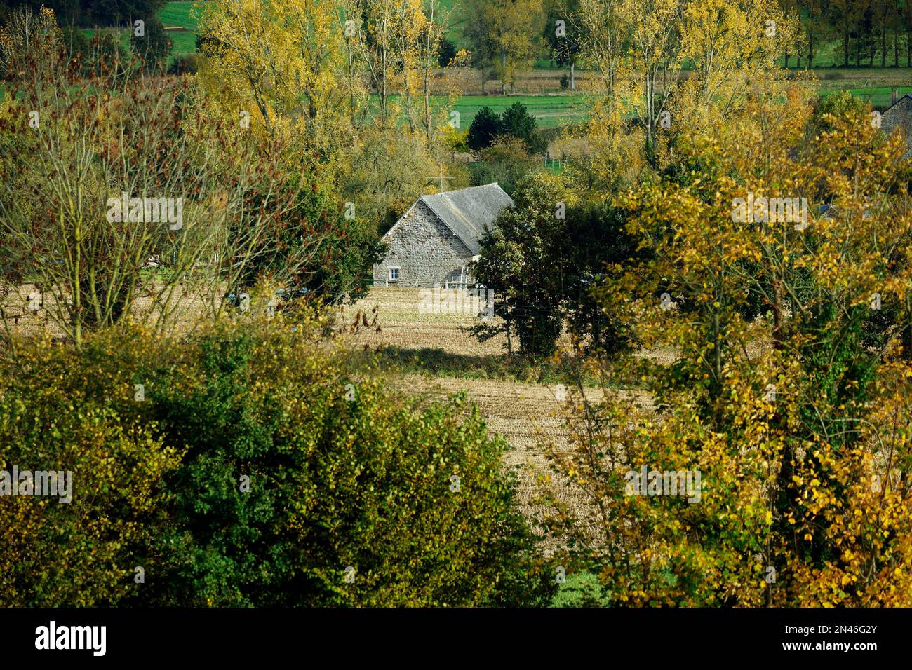 Paesaggio di campagna in autunno con una casa colonica (Nord-Mayenne, Pays de la Loire, Francia). Foto Stock