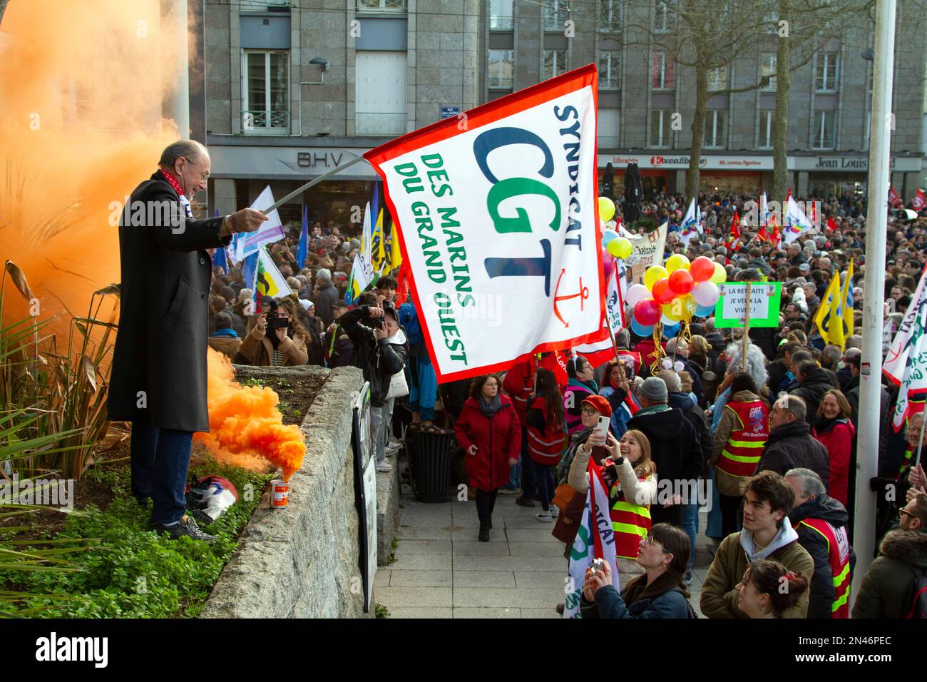 Manifestazione contre la réforme des retraites en France.Strike in Brest Foto Stock