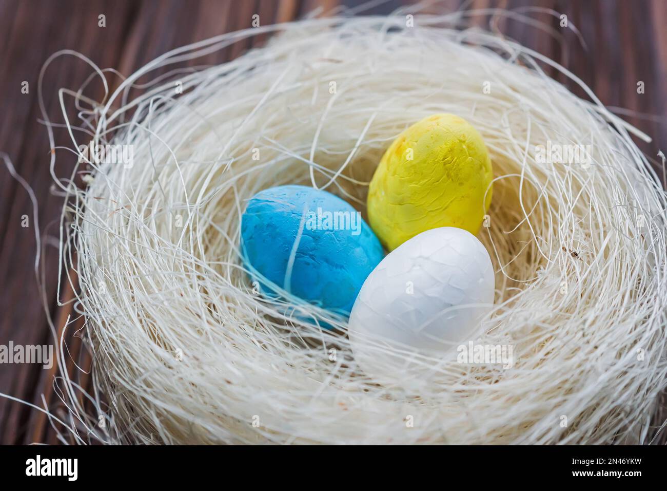 Due uova del colore della bandiera Ucraina sono gialle e blu e un uovo bianco nel nido. Il concetto di una casa abbandonata dell'Ucraina per l'Easte Foto Stock