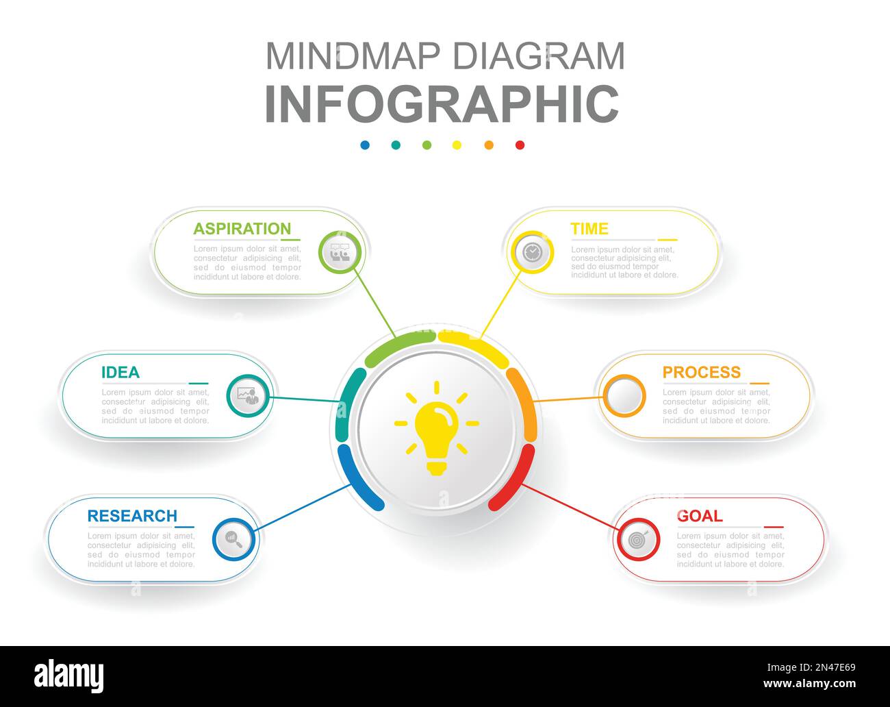 Modello aziendale infografico. 6 passi Modern mindmap diagramma con argomenti rettangolari. Presentazione del concetto. Illustrazione Vettoriale