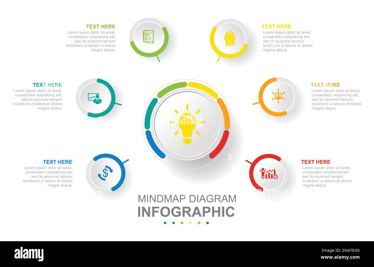 Modello aziendale infografico. 6 passi Modern mindmap diagramma con argomenti cerchiati. Presentazione del concetto. Illustrazione Vettoriale