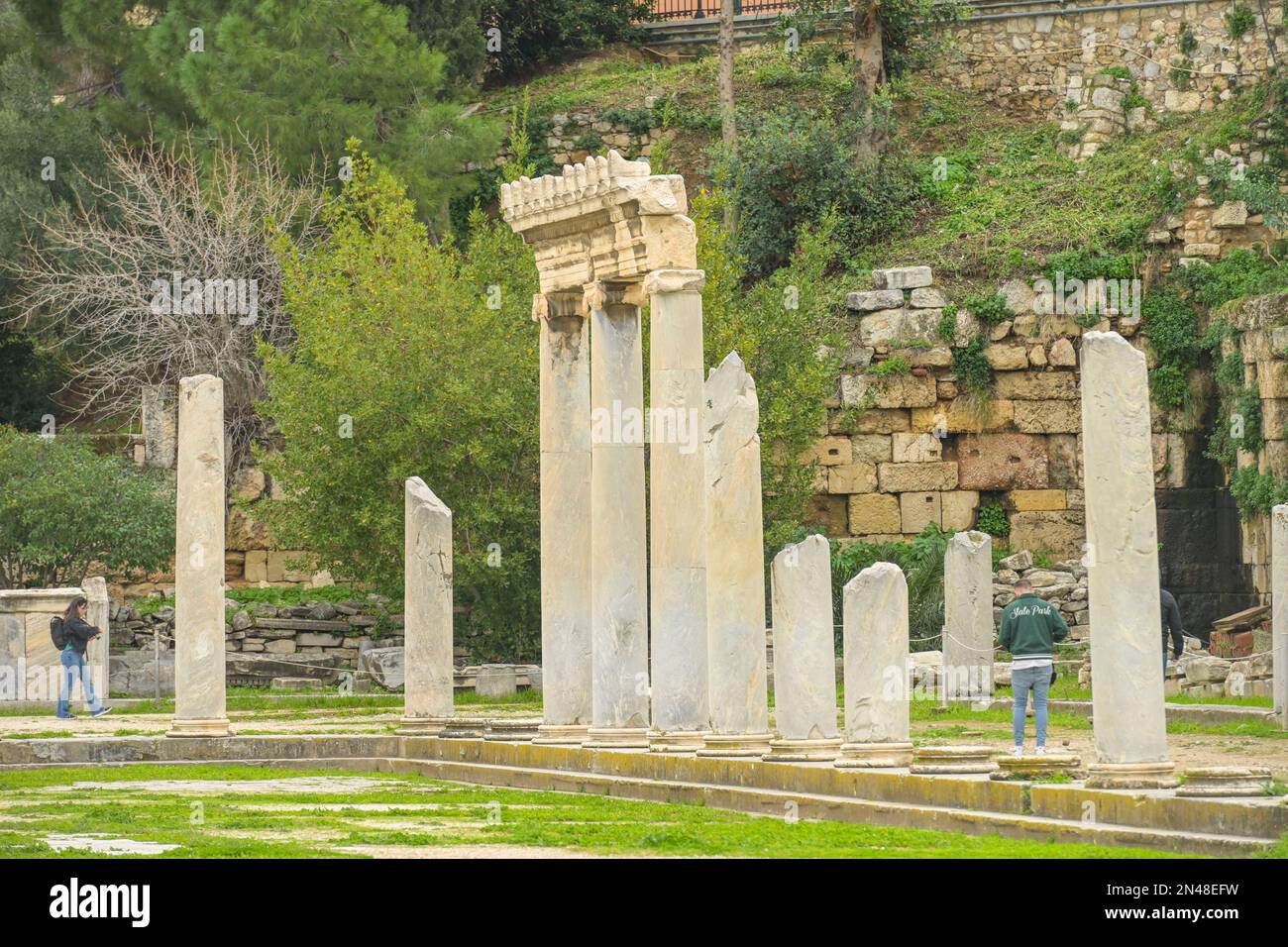Rete von Säulengängen, Römische Agora, Athen, Griechenland Foto Stock