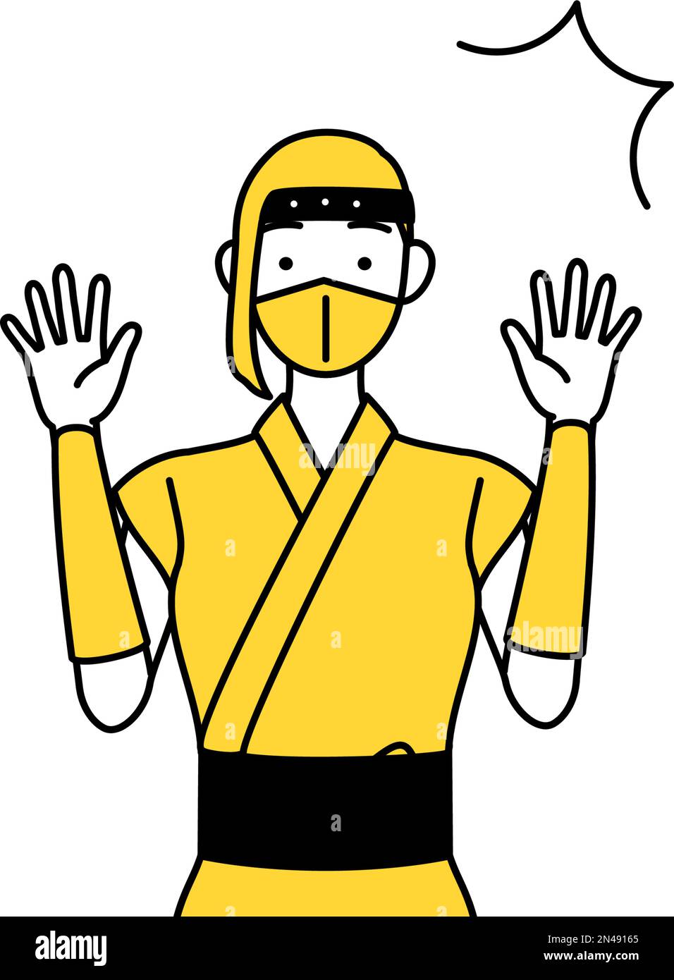 Una donna vestita come un ninja alzando la mano in sorpresa. Illustrazione Vettoriale