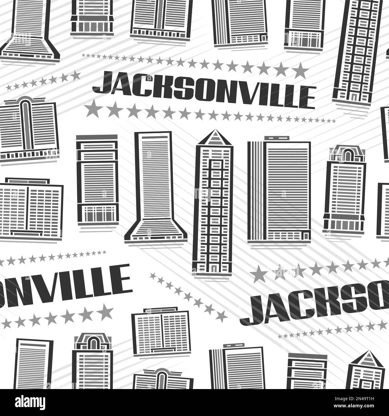 Vector Jacksonville Seamless Pattern, ripetizione sfondo con illustrazione del famoso paesaggio della città di jacksonville su sfondo bianco per carta da imballaggio, li Illustrazione Vettoriale