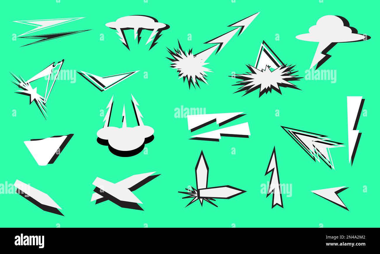 Set di direzione freccia segno esplosione silhouette icone elemento decorativo fumetto sfondo sito web illustrazione vettoriale Illustrazione Vettoriale