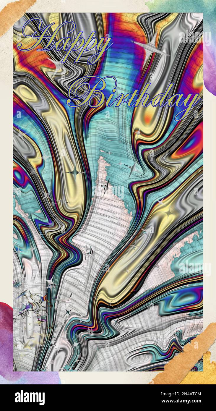 Biglietto d'auguri di compleanno colorato con sfondo astratto e scritta Happy Birthday, Arte Fractal con stelle, cornici e scritte, per biglietti, volantini, Foto Stock