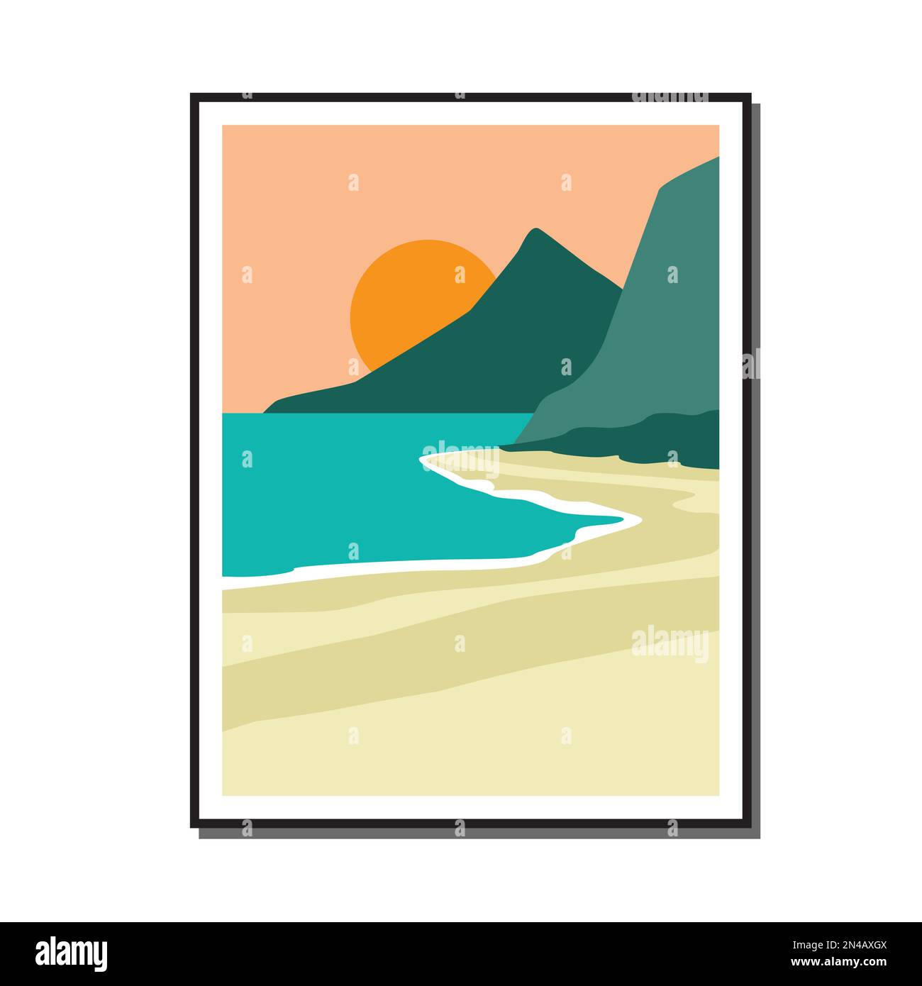 Sunset Beach poster minimo natura paesaggio mare disegno illustrazione per t shirt stampa, parete arte, poster, ecc Illustrazione Vettoriale