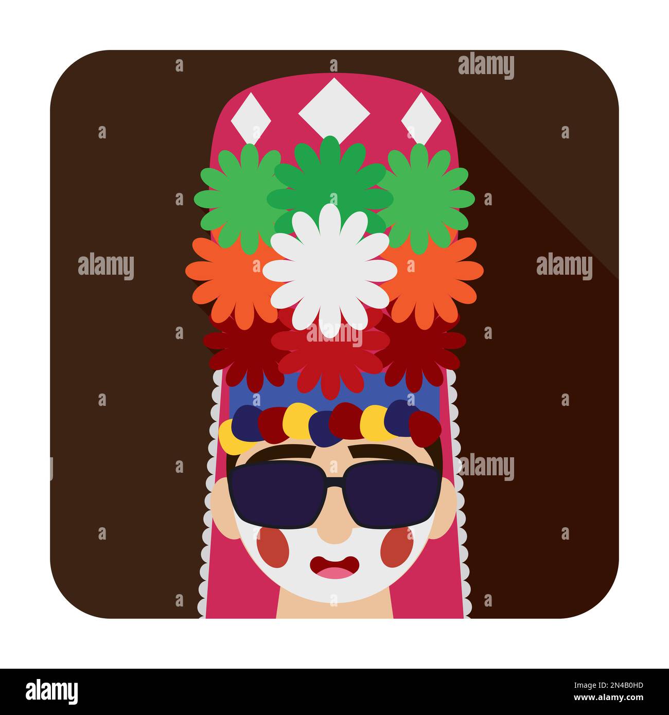 Bottone quadrato con sorridente danzatrice congolese in abbigliamento tradizionale e cappello alto con fiori per il Carnevale di Barranquilla. Design in stile piatto e l Illustrazione Vettoriale