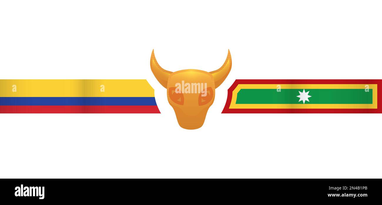 Banner con bandiere ondulate di Colombia e Barranquilla e maschera dorata Torito al centro. Illustrazione Vettoriale