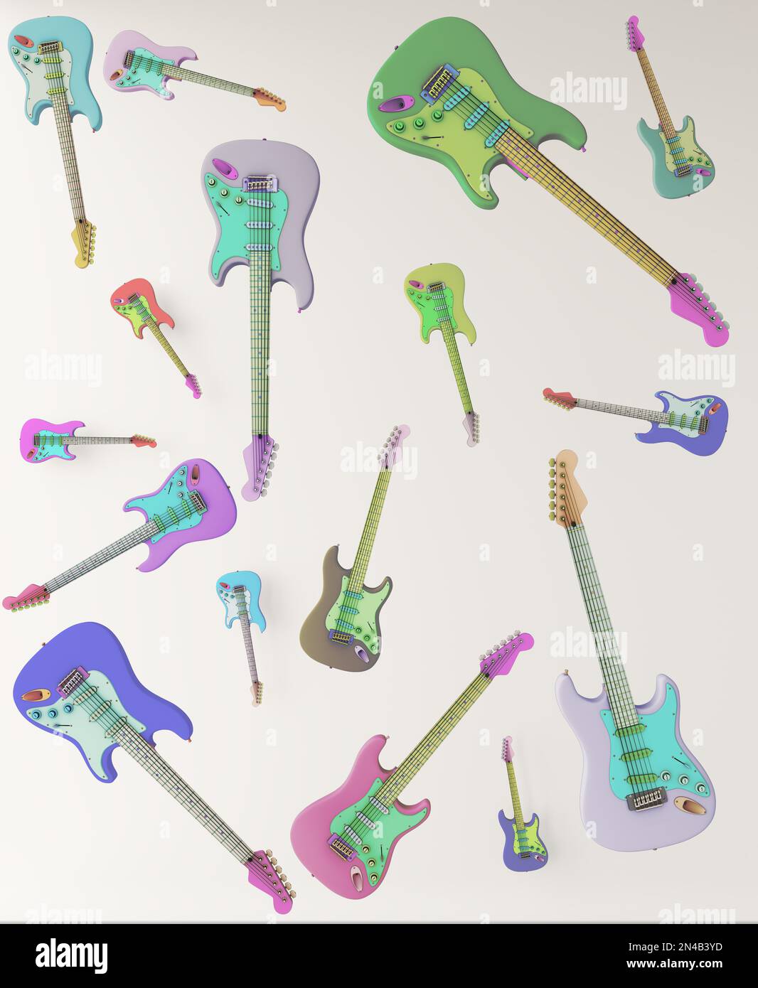Chitarre fluttuanti nello spazio casualmente, suggestiva immagine astratta legata alla musica, ideale se sei un musicista, insegnante di musica, amante delle chitarre e delle corde Foto Stock