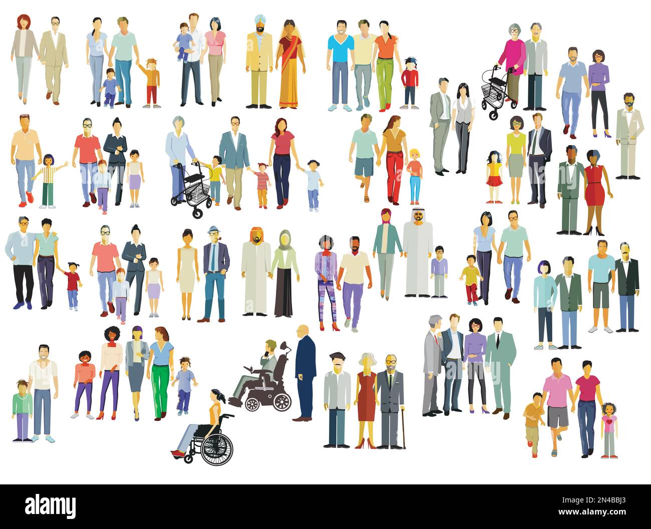 Grande gruppo di persone diverse, genitori e bambini, gruppi familiari isolati su illustrazione bianca Illustrazione Vettoriale