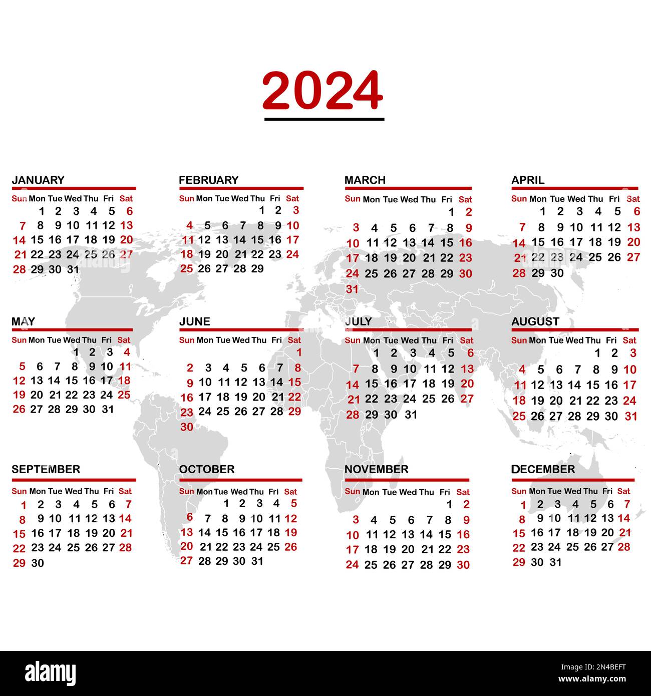 calendario 2024 con mappa del mondo Immagine e Vettoriale Alamy