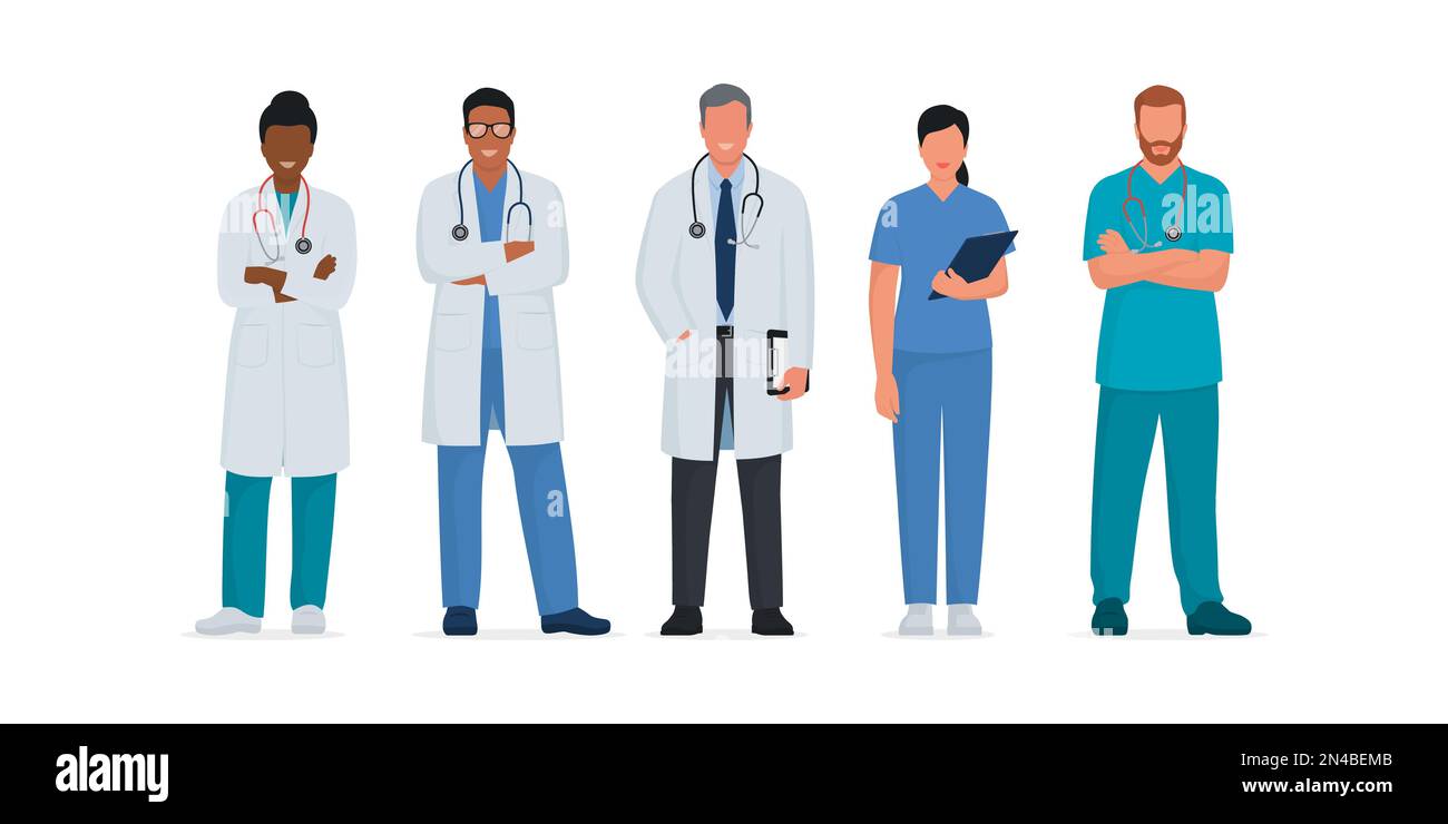 Medici e infermieri professionisti in piedi insieme, concetto di salute e medicina Illustrazione Vettoriale