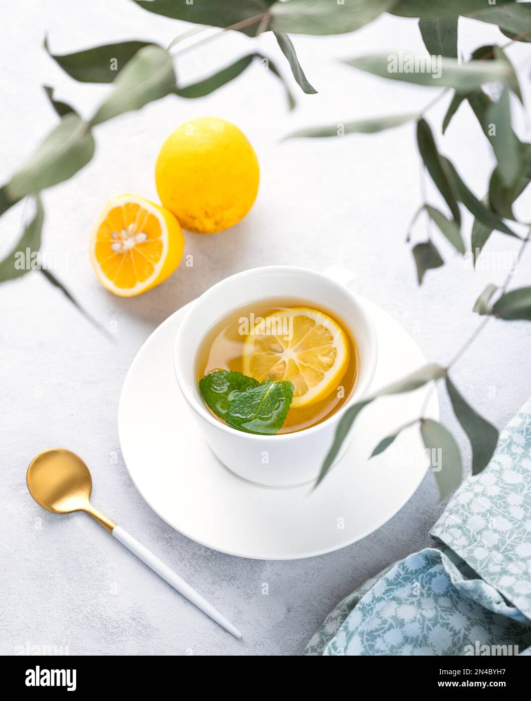 Tisana con limone e menta in una tazza bianca su fondo chiaro con rami di eucalipto. Il concetto di una sana e deliziosa prima colazione drink f Foto Stock