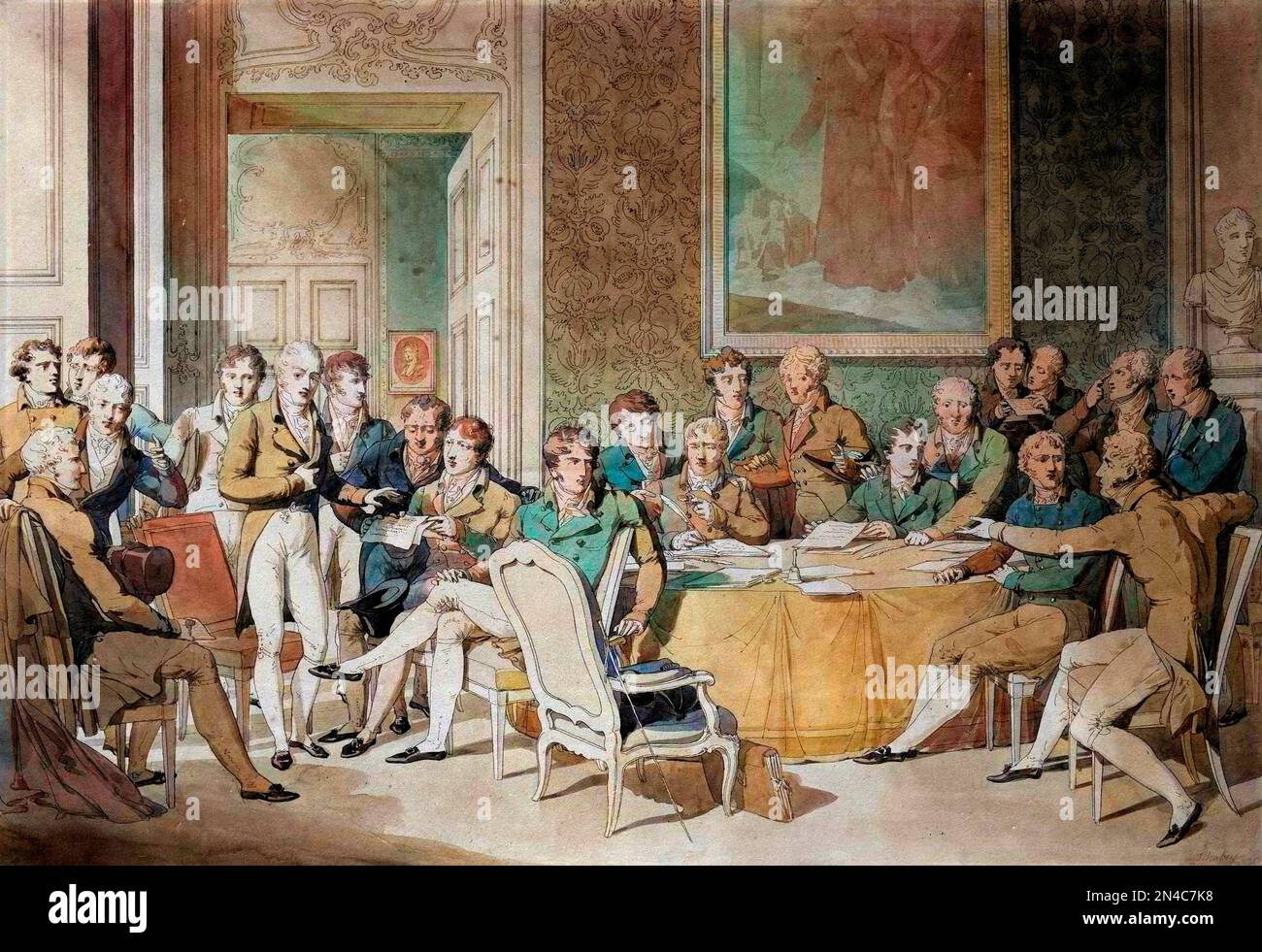 Congresso di Vienna - le Congres de Vienne (1814-1815) faisant suite au traite de Paris en 1814. Il reunit les huit puissances mondiales et vice a redefinir les frontieres apres la chute de l'Empire de Napoleon Ier. A la riunione partecipata Alexandre Ier, tsar de Russie ; H.R. Stewart, Castlereagh; Francois Joseph Ier, empereur d'Autriche; Frederic Guillaume III, rdi de Prusse ; Karl August, principe di Hardenbergh ; Wilhelm von Humboldt (Guillaume de Humboldt, 1767-1835) ; principe di Metternich, Winneburg; conte de Nesselrode; Charles Maurice (Charles-Maurice) de Talleyrand Perigord, le cardinal Foto Stock