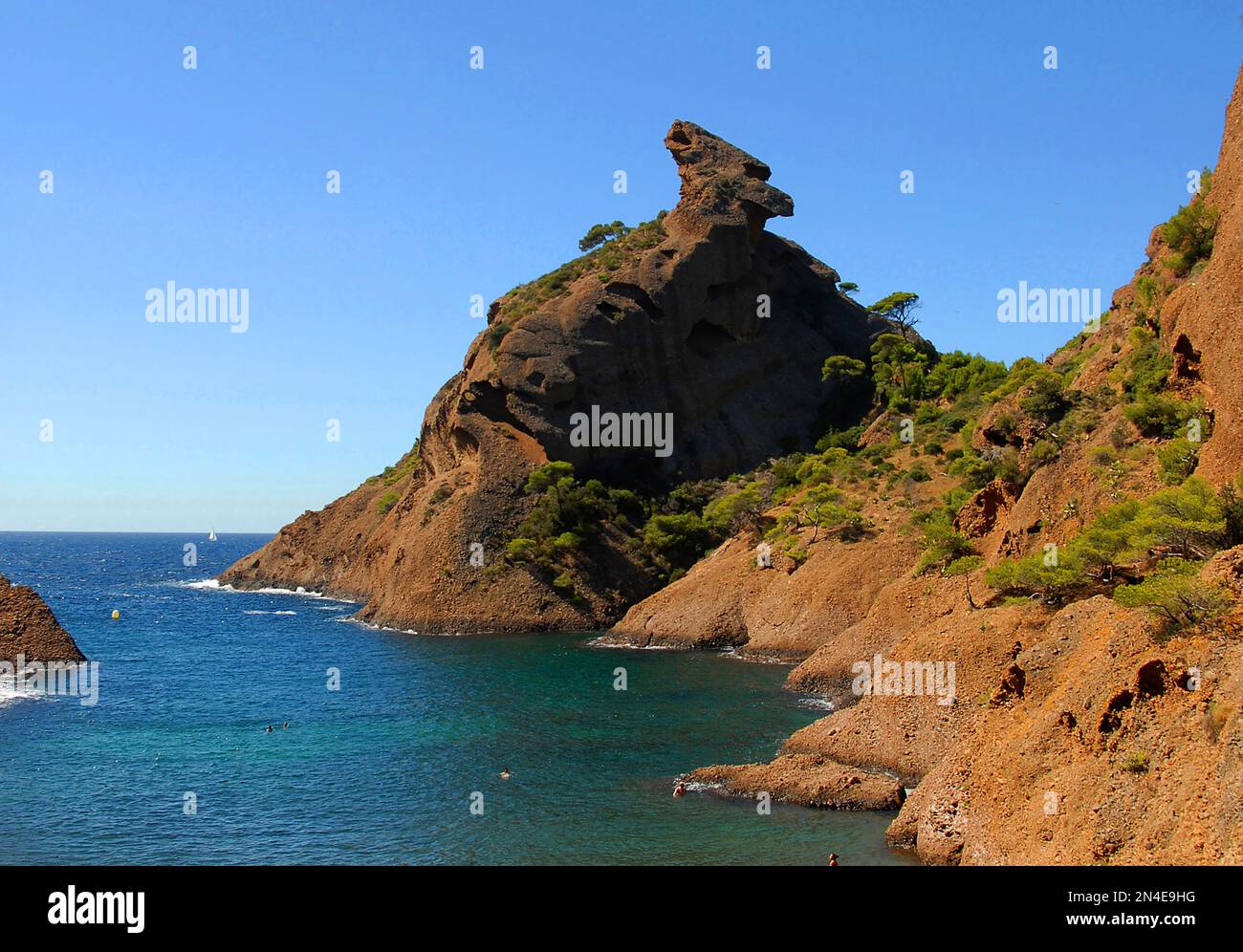 Figuerolles calanque con la roccia Capucin, la Ciotat, Francia Foto Stock