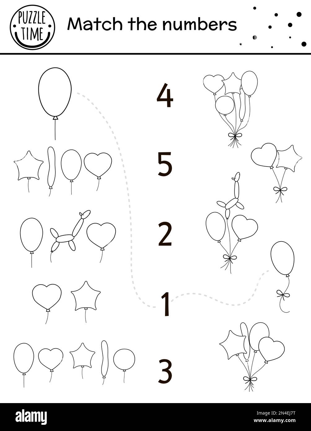 Compleanno gioco di corrispondenza bianco e nero con palloncini colorati. Linea di contorno di vacanza attività matematica per bambini prescolare. Prin celebrazione educativa Illustrazione Vettoriale
