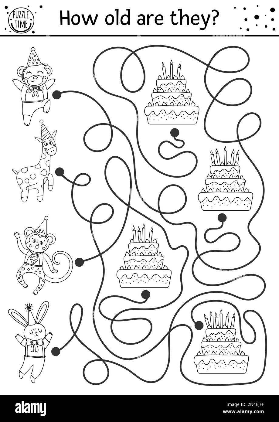 Compleanno bianco e nero labirinto per i bambini. Descrizione delle vacanze attività educative stampabile prescolare. Divertente linea b-giorno party gioco o puzzle con carino Illustrazione Vettoriale