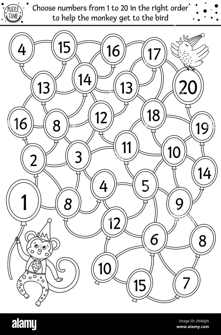 Compleanno bianco e nero contare labirinto per i bambini. Descrizione delle vacanze attività educative stampabile prescolare. Divertente gioco di partito di linea o puzzle di matematica wi Illustrazione Vettoriale