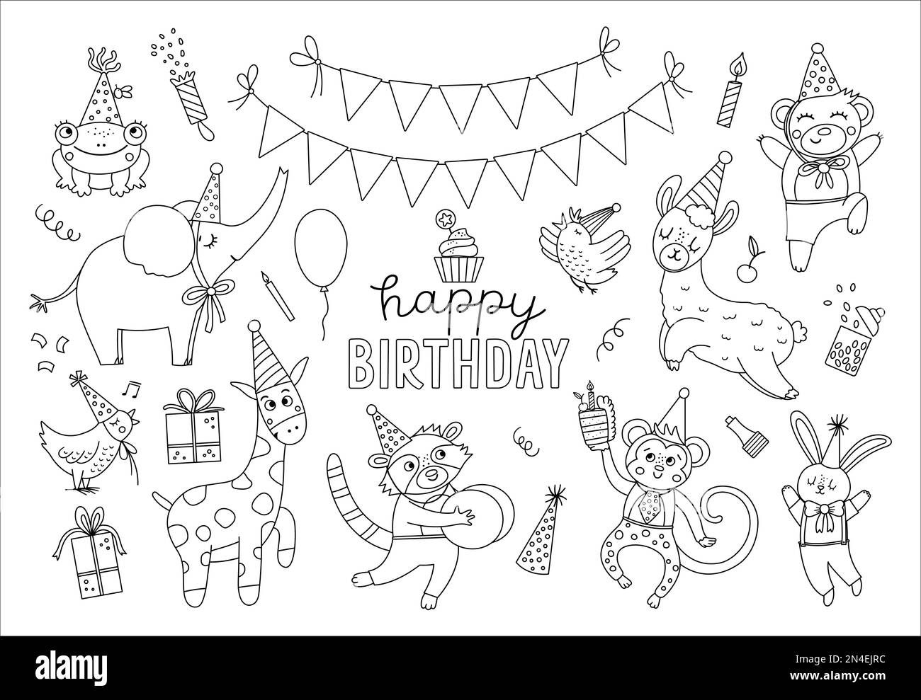 Set di simpatici animali bianchi e neri in cappelli da festa. Festa di compleanno collezione clipart. Pacchetto vacanza Vector Outline con un brillante presente, cak Illustrazione Vettoriale