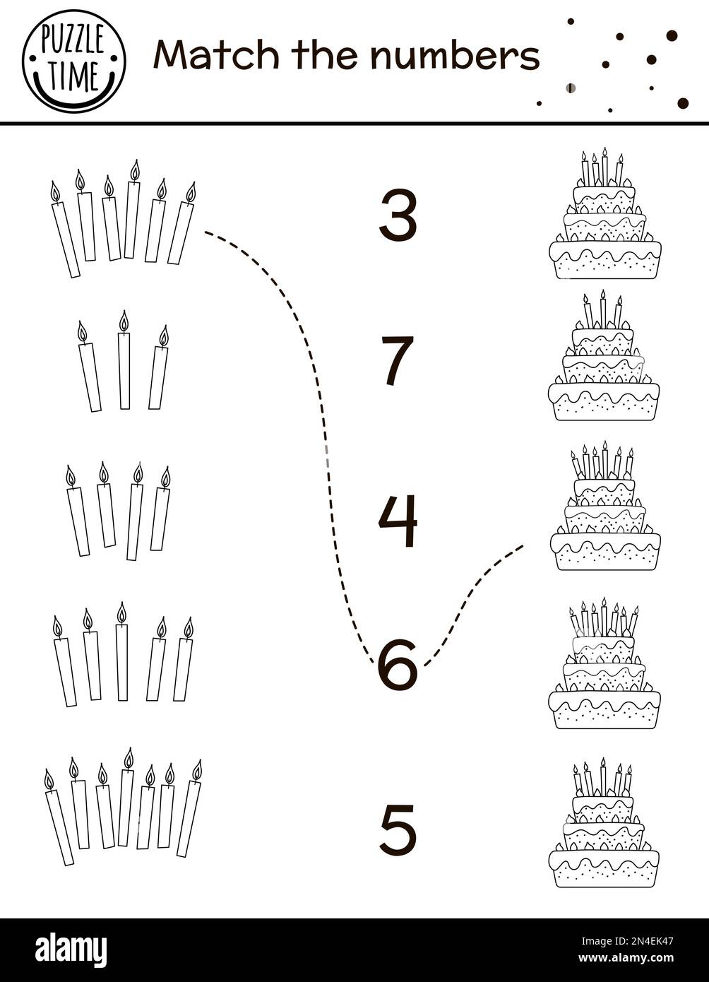 Compleanno gioco di abbinamento bianco e nero con torte e candele. Vacanza contorno attività matematica per bambini prescolare. Linea educativa celebrazione prin Illustrazione Vettoriale