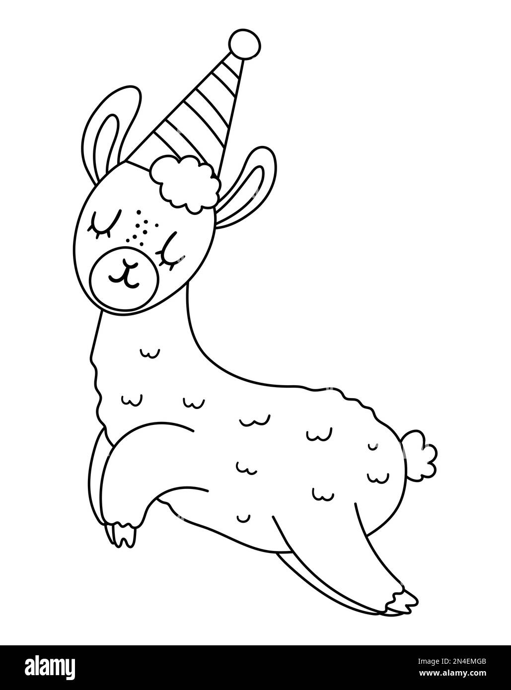 Vector carino lama in bianco e nero in cappello di compleanno. Divertente animale b-day per cartellone, poster, stampa. Illustrare l'illustrazione delle vacanze per i bambini. Allegro Illustrazione Vettoriale