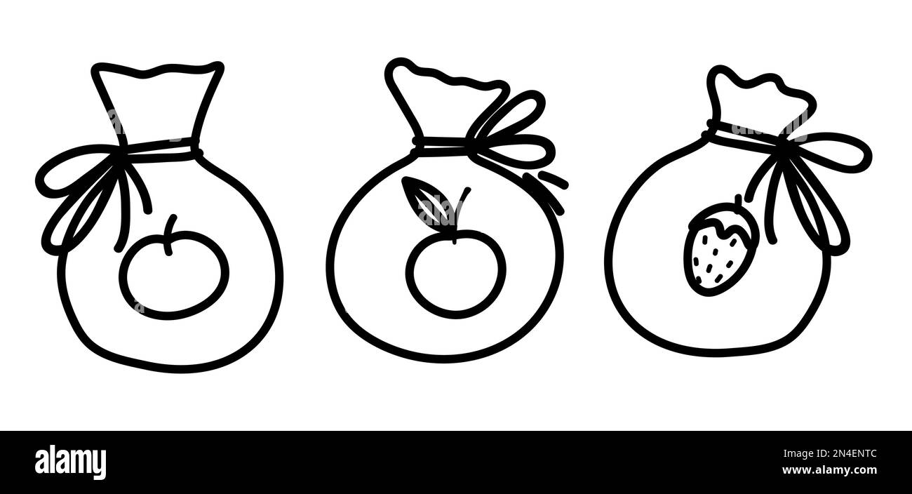 Frutti secchi vettoriali in sacchi di straccio, in bianco e nero. Simpatico illustrazione divertente contorno dessert per scheda, poster, stampa disegno. Linea di cibo sano icona per ki Illustrazione Vettoriale