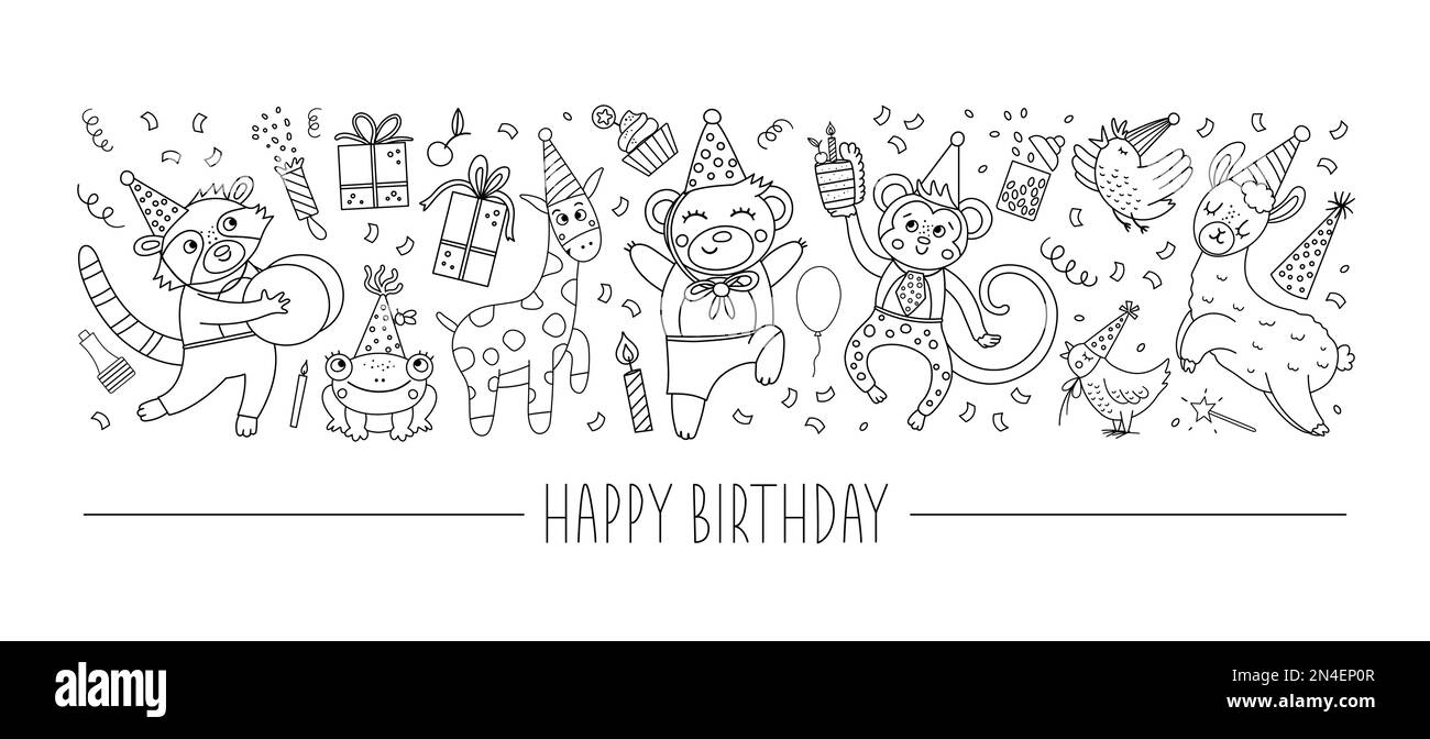 Set orizzontale vettoriale bianco e nero con caratteri ed elementi compleanno. Modello di scheda con cupido, animali divertenti, presente, torta, confetti. Illustrazione Vettoriale