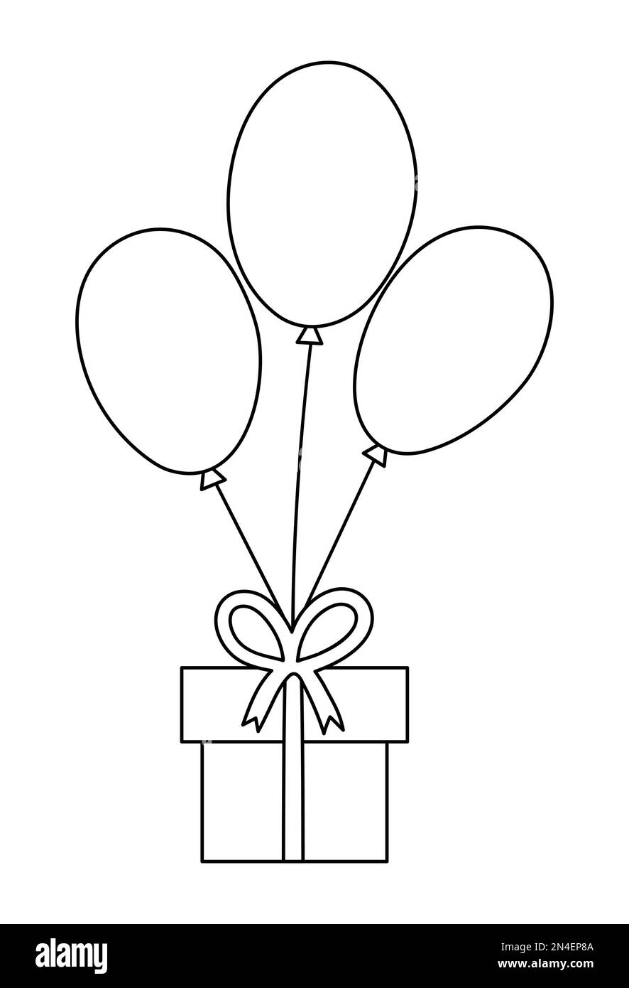 Carino vettore bianco e nero presente volando su un mazzo di palloncini. Illustrazione divertente della scatola del regalo di compleanno di contorno per la scheda, il poster, il disegno stampato. Vacanza Illustrazione Vettoriale
