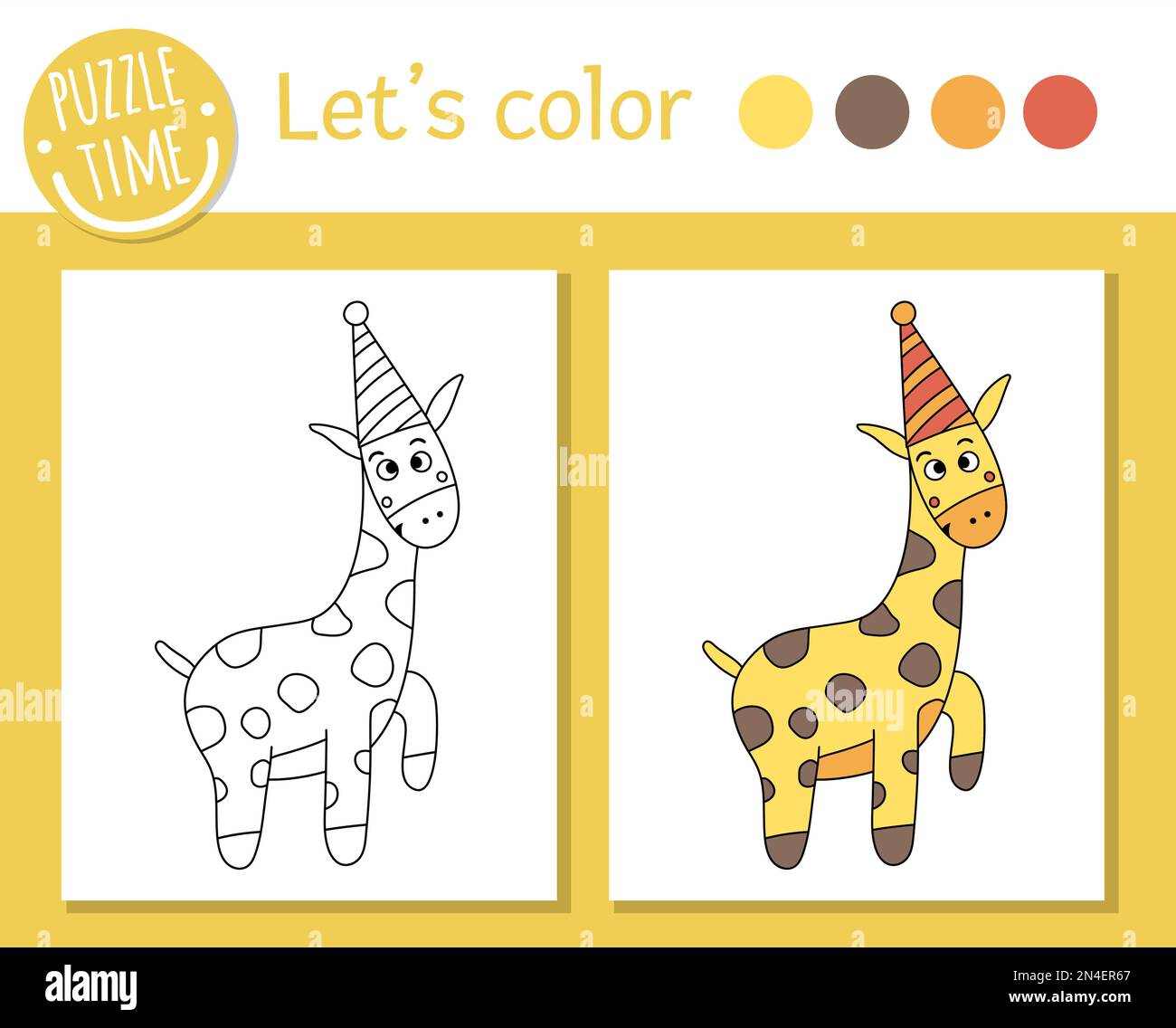 Compleanno pagina da colorare per i bambini. Giraffa divertente in cappello da festa. Illustrazione vettoriale di contorno di festa con animale carino. Libro a colori per i bambini con Illustrazione Vettoriale
