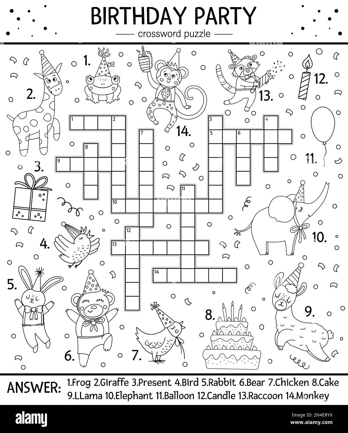 Puzzle vettoriale in bianco e nero per i bambini. Quiz semplice con oggetti di vacanza e animali per bambini. Linea didattica a Illustrazione Vettoriale