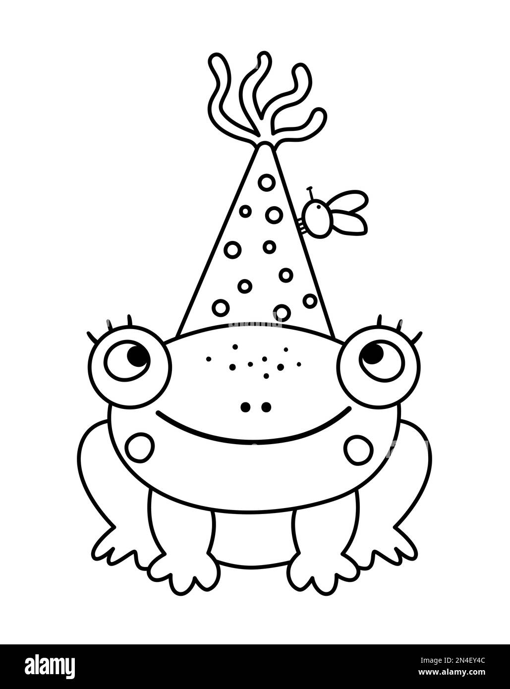 Cute Vector rana bianca e nera in cappello di compleanno. Divertente animale b-day per cartellone, poster, stampa. Illustrare l'illustrazione delle vacanze per i bambini. Allegro c Illustrazione Vettoriale