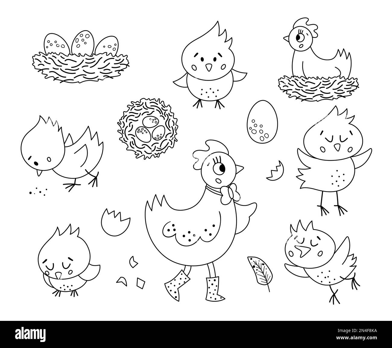 Set vettoriale bianco e nero con carina gallina, pulcini, uova, nido. Primavera o Pasqua divertente contorno illustrazione o colorazione pagina per i bambini. Uccello della fattoria Illustrazione Vettoriale