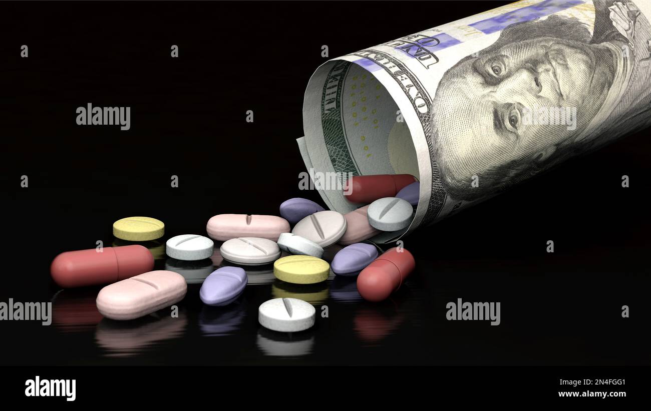 Varie pillole e dollari di fattura - farmaci e costi Foto Stock