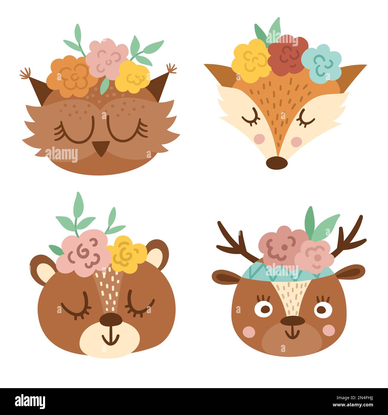 Set di vettore carino animali selvatici facce con fiori sulla testa. Collezione avatar foresta boho. Illustrazione divertente di gufo, orso, cervo, volpe per i bambini. Illustrazione Vettoriale