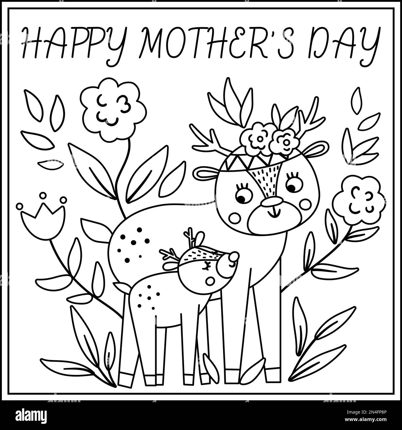 Carta vettore in bianco e nero Mothers Day con carino animale boho. Pagina di disegno o di colorazione con cucciolo e madre in legno. lin stile bohémien Illustrazione Vettoriale
