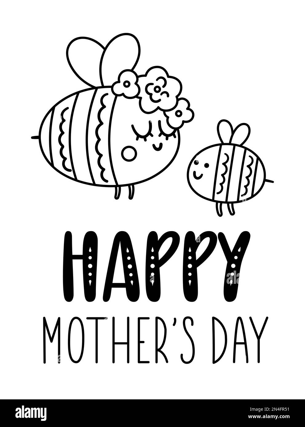 Carta vettore in bianco e nero Mothers Day con carino insetto boho. Design di linea prefabbricato con bomba e madre. Poster bohémien con famiglia di api Illustrazione Vettoriale