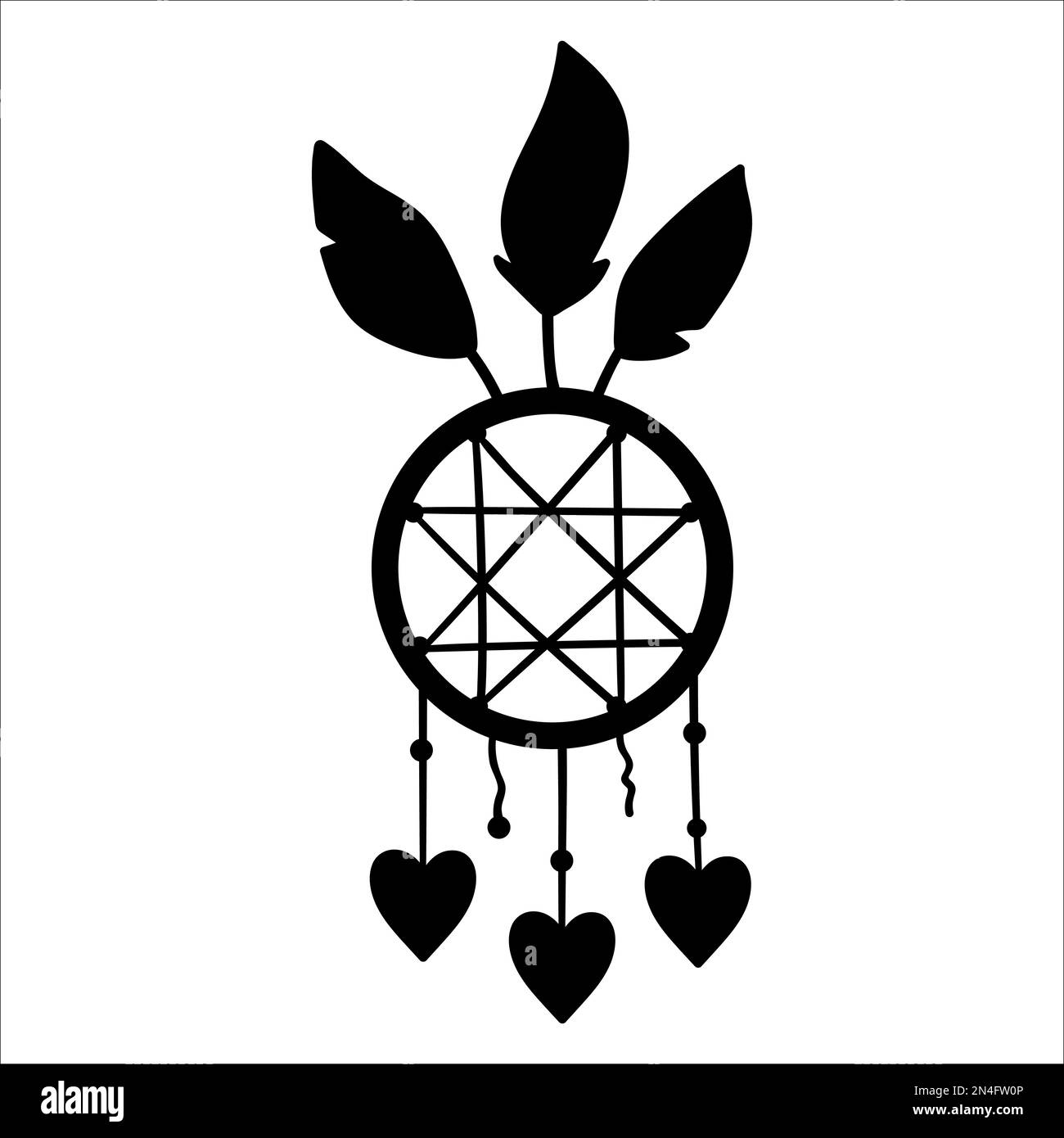 Silhouette Vector boho dreamcatcher con pendenti e piume. Icona nera bohémien isolata su sfondo bianco. Illustrazione d'ombra celeste ornata Illustrazione Vettoriale