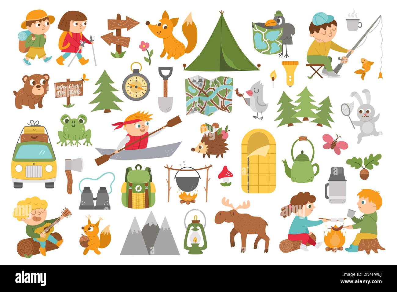 Set campo estivo vettoriale. Campeggio, escursioni, pesca collezione di attrezzature con bambini carini e animali della foresta. Zaino icone turismo natura all'aperto con zaino Illustrazione Vettoriale