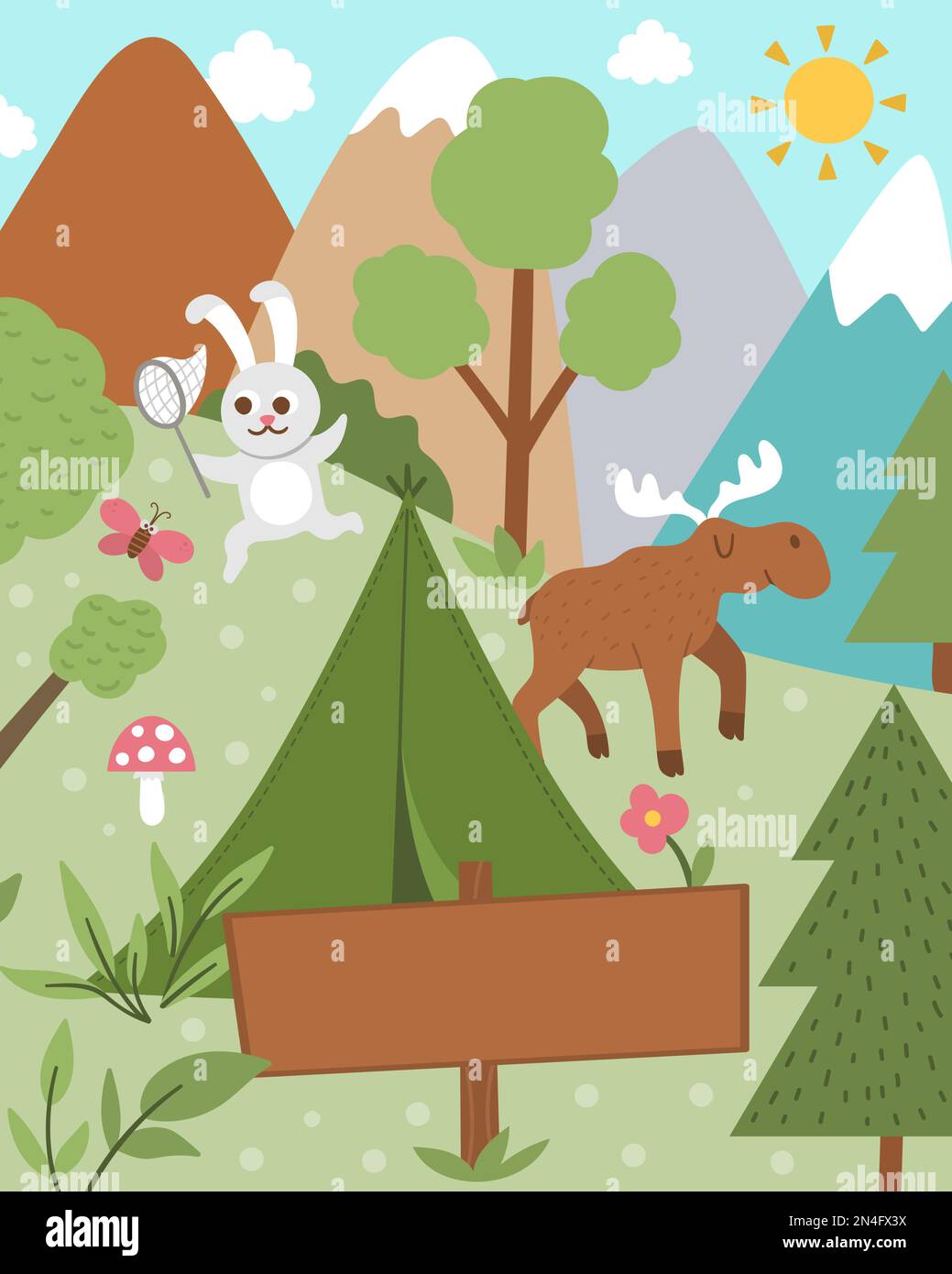 Tessera campo estivo con simpatici animali della foresta, tenda e cartello in legno. Modello di stampa vettoriale quadrato con coniglio, alci, alberi, montagne. Holid attivo Illustrazione Vettoriale