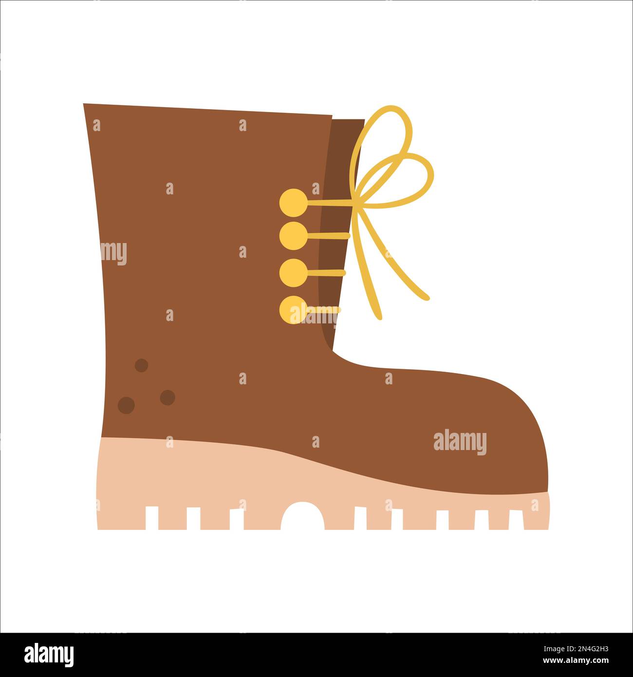Illustrazione dell'avvio turistico vettoriale. Icona marrone scarpa da trekking con lacci. Abbigliamento da campeggio isolato su sfondo bianco. Abbigliamento per vacanze attive all'aperto Illustrazione Vettoriale