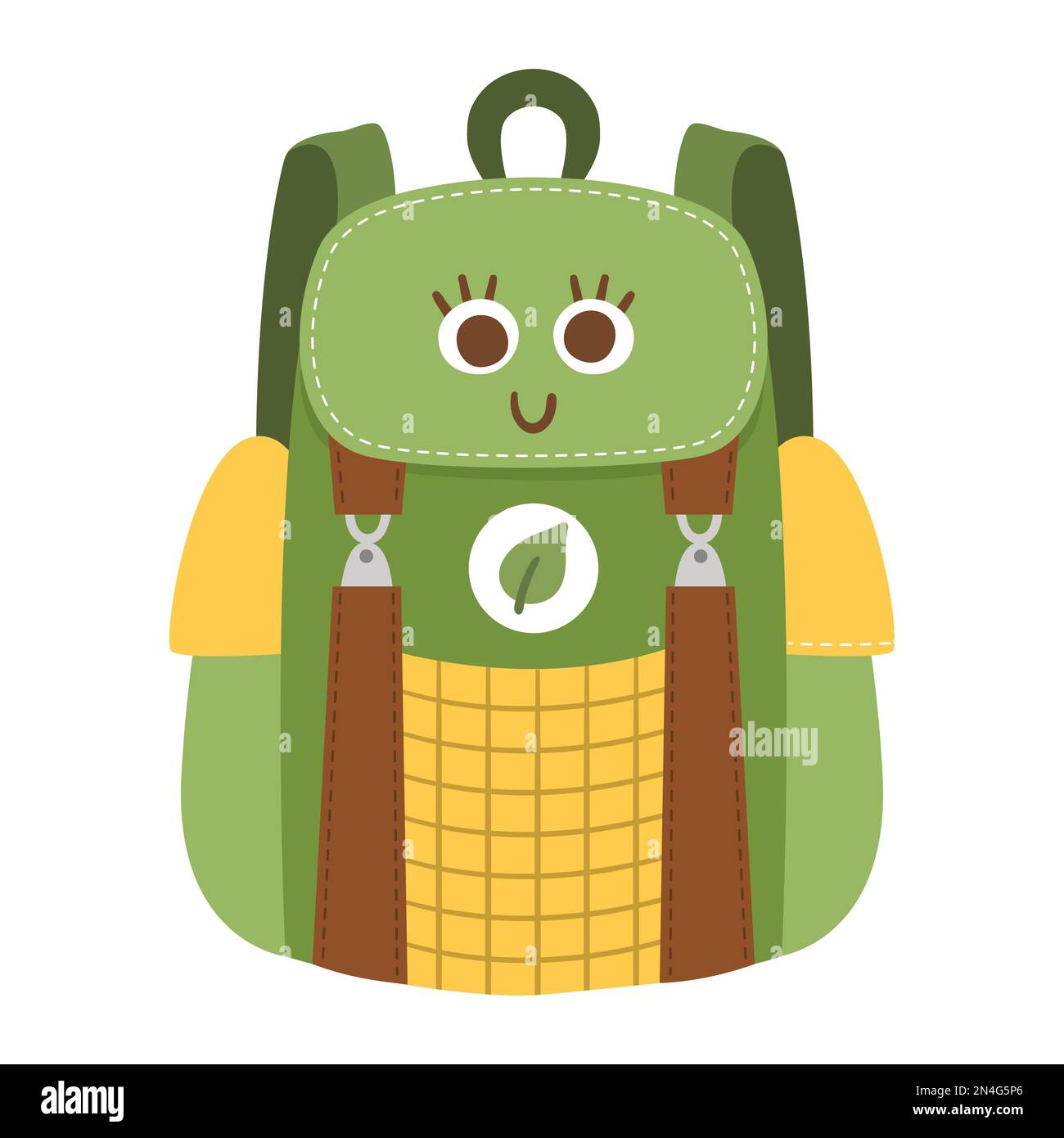 Illustrazione dello zaino da viaggio Vector kawaii. Sacca scolastica clipart. Borsa da viaggio con gli occhi carina e piatta. Immagine divertente per i bambini Illustrazione Vettoriale