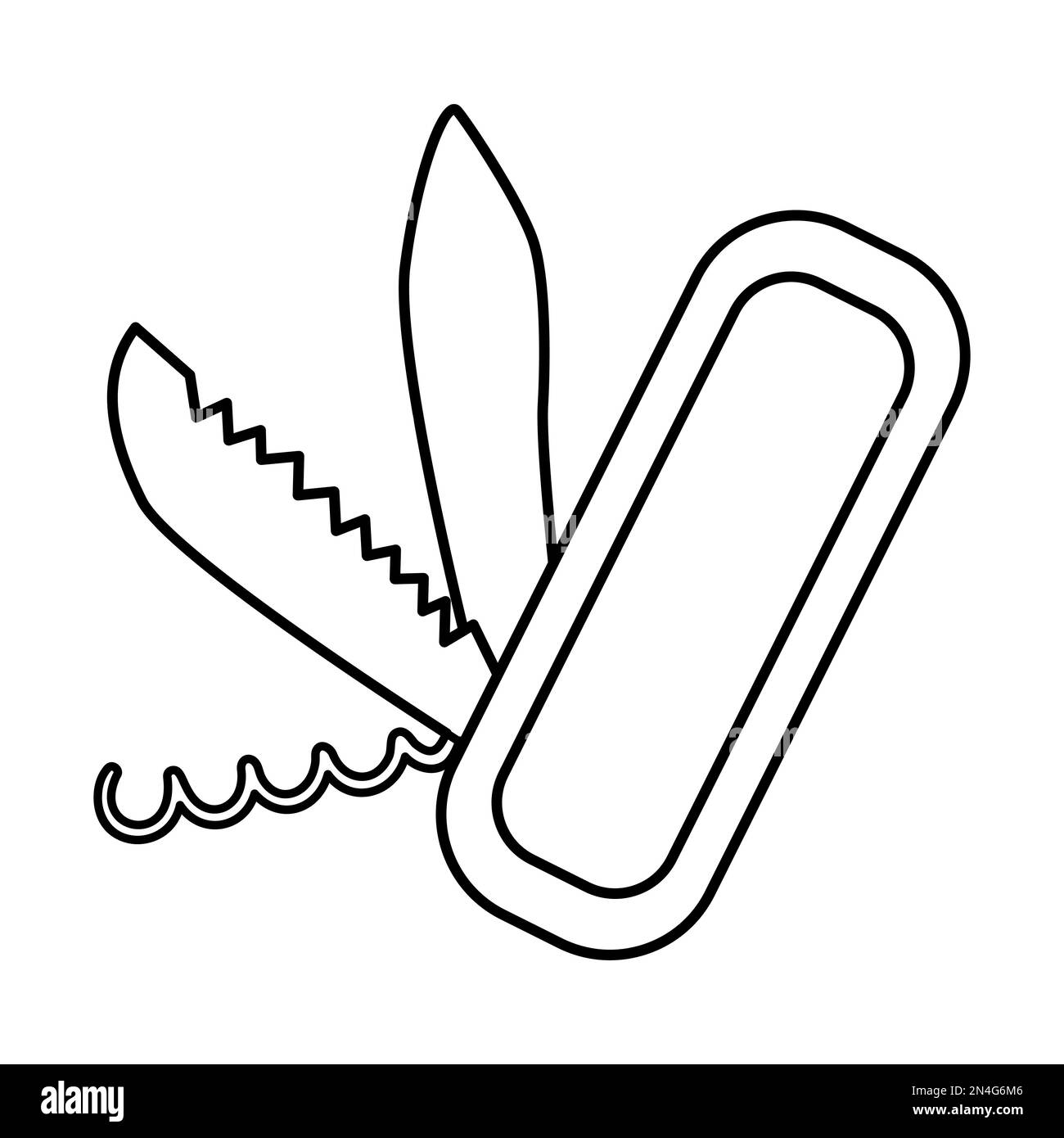 Icona a forma di coltello pieghevole in bianco e nero vettoriale isolata su sfondo bianco. Illustrazione dell'apparecchiatura portatile per il taglio di contorni. Dispositivo di chiusura per outdo attivo Illustrazione Vettoriale