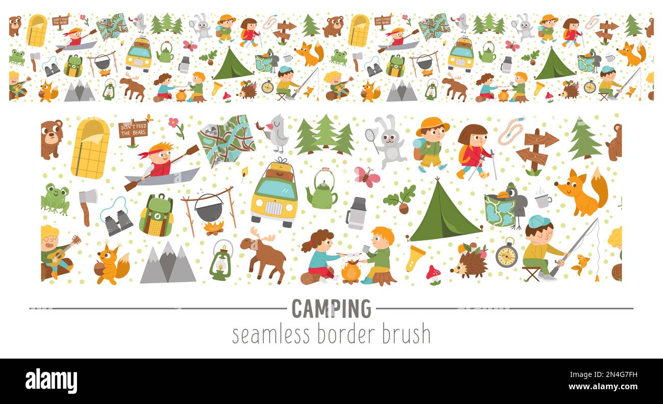 Campo estivo vettoriale pennello pattern senza cuciture. Campeggio, escursioni, attrezzatura da pesca confine orizzontale con bambini carini e animali della foresta. Tour naturalistico all'aperto Illustrazione Vettoriale