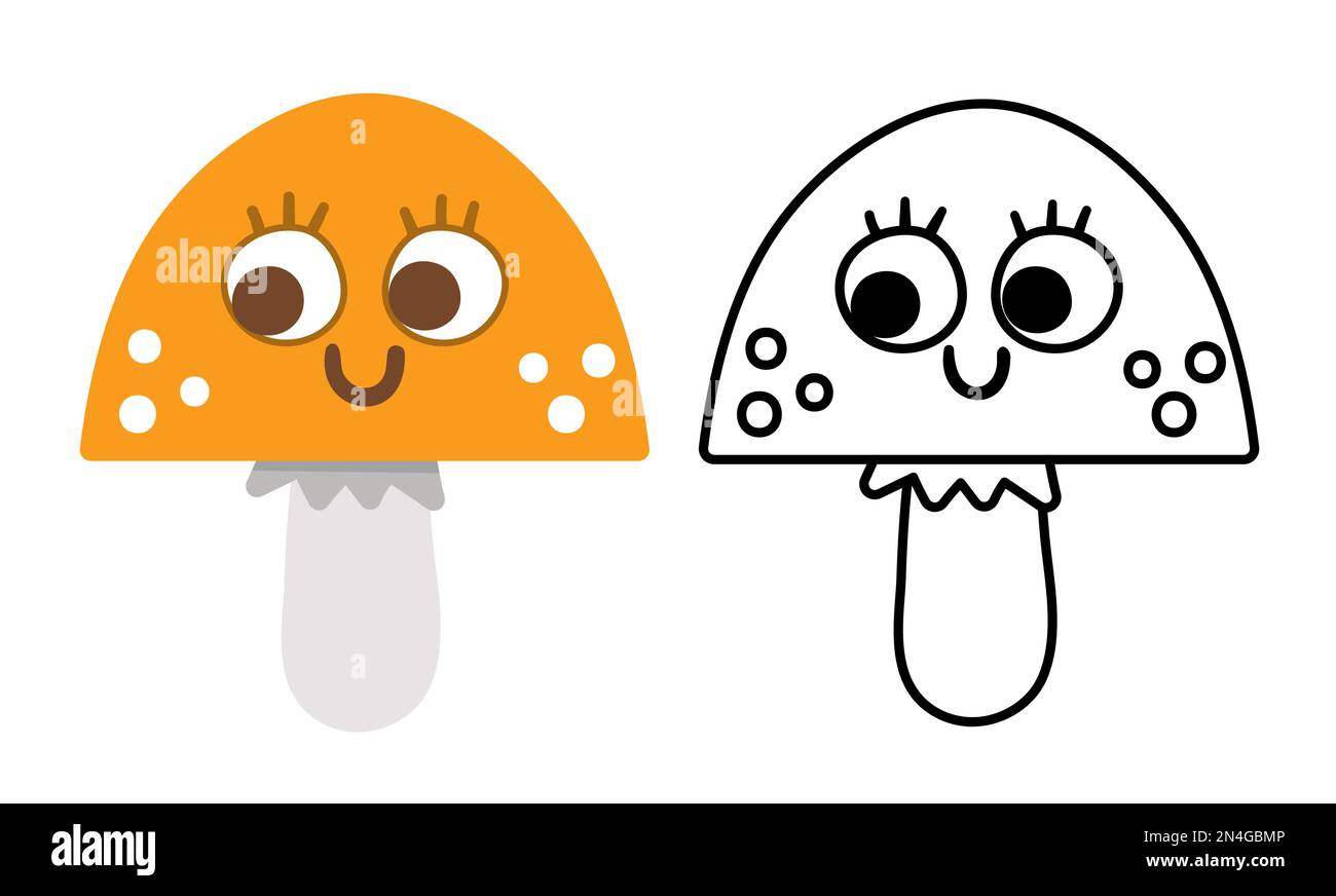 Carino vettore sorridente kawaii fungo colorato e bianco e nero illustrazione. Autunno piano e linea stile pianta. Cappellino di morte divertente o toadstool isolato Illustrazione Vettoriale