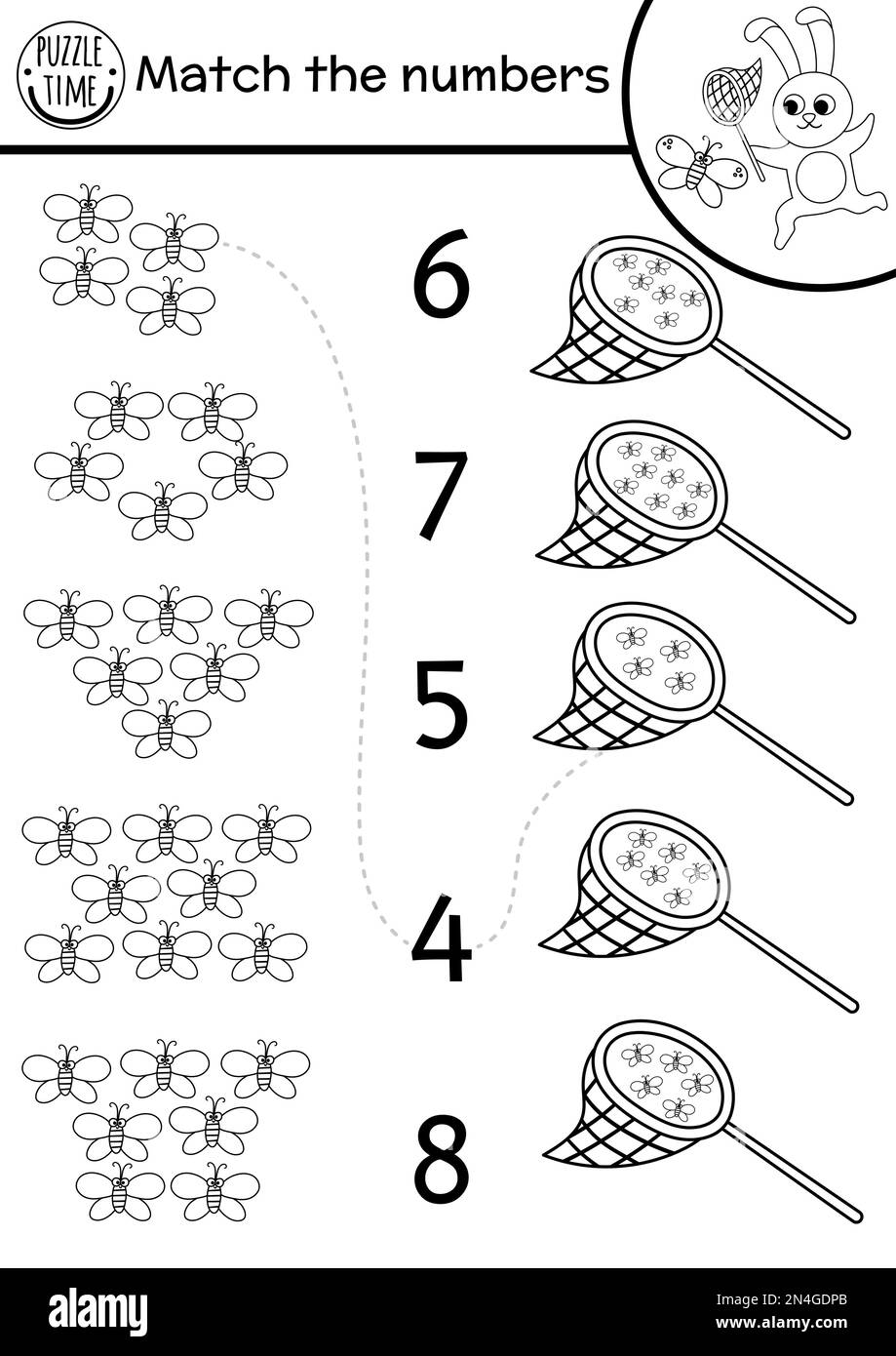 Abbina i numeri gioco in bianco e nero con farfalle in rete. Forest matematica delineare attività per bambini prescolare con insetti carini e coniglio. Illustrazione Vettoriale