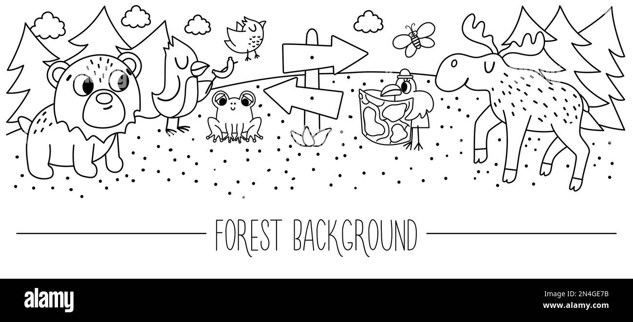 Sfondo vettoriale bianco e nero della foresta di bordi orizzontali. Carino scheda contorno con gli animali adorabili comic nei boschi. Temp. Stampa viaggio avventura Illustrazione Vettoriale